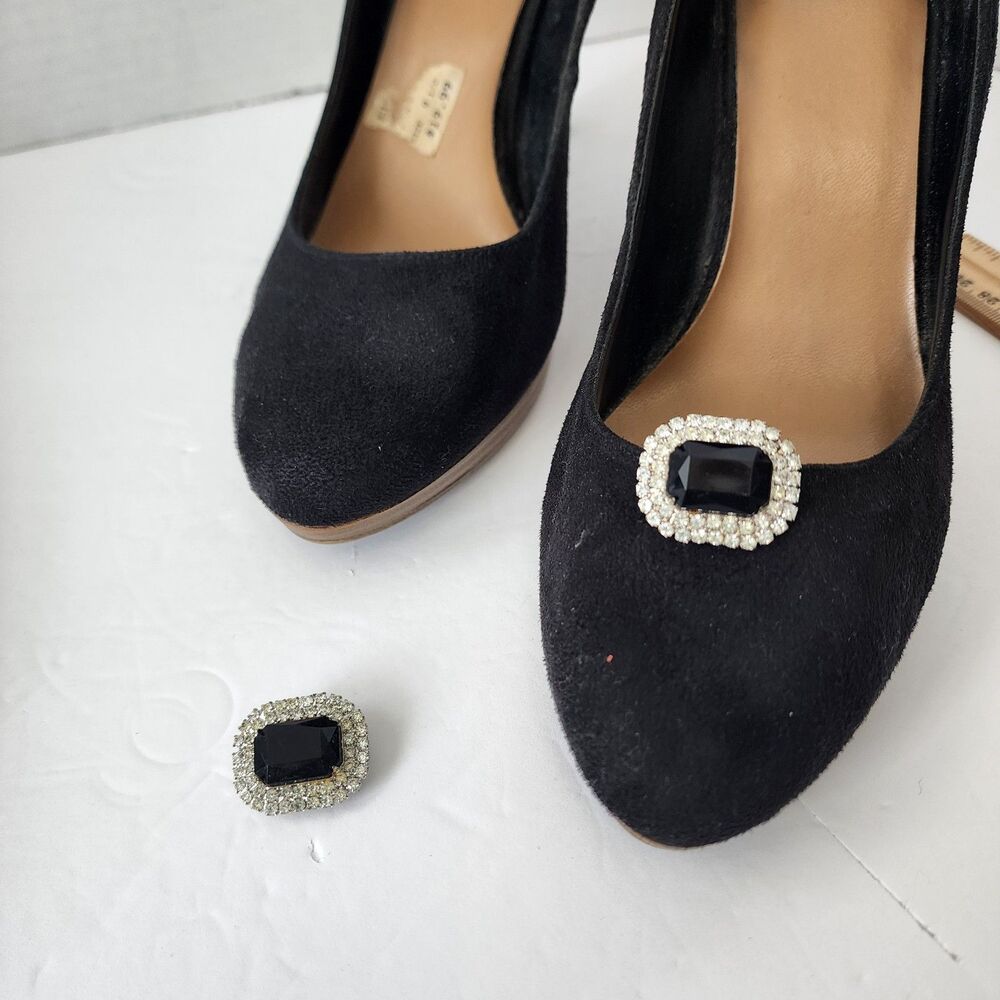Vintage Black & Rhinestone Beveled Glass Shoe Clips Emerald Cut 1.25" x 1" Rare